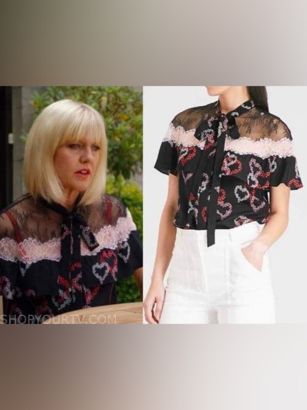 SANDRO Silk Sheer Black Lace-Trim Heart Print Tie-Neck Blouse (127)